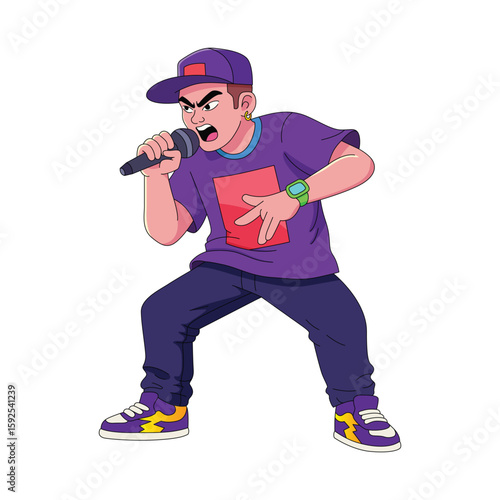 Cartoon illustration of a rapper performing with a microphone.