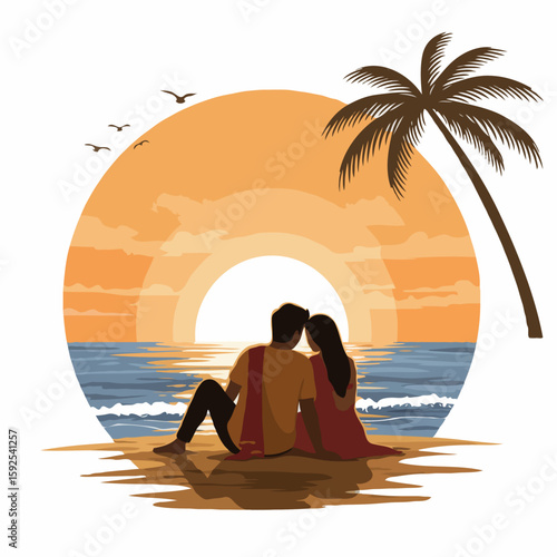 Romantic couple peacefully watching the sunset at a tropical beach.