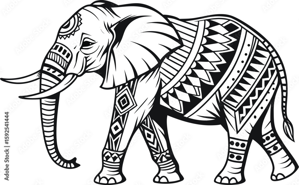 Obraz premium Ornate Elephant Illustration with Tribal Pattern in Black and White