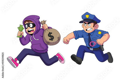 A cartoon illustration of a thief running from a pursuing police officer.