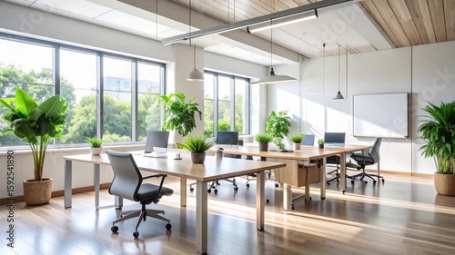 Empty coworking space with rectangular tables