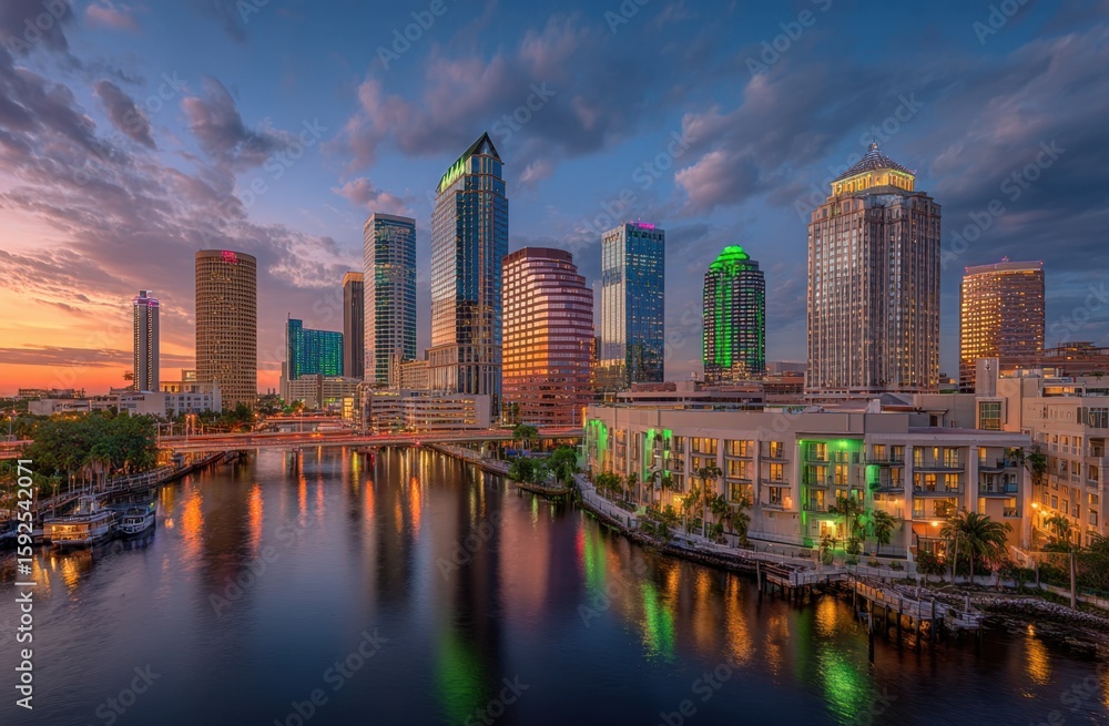 Fototapeta premium Panoramic photo of the city skyline in Tampa, Florida, with downtown buildings and tall skyscrapers, against a beautiful sky at dusk, with some clouds, and green lighting on one building Generative AI