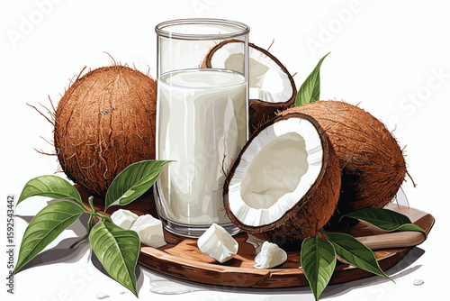 Coconuts watercolor sketch. Fresh Cocos nuts and leaves colorful watercolor paint isolated on white background, coconut ingredients painted drawing, coco color vector illustration