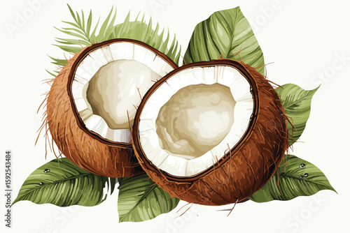 Coconuts watercolor sketch. Fresh Cocos nuts and leaves colorful watercolor paint isolated on white background, coconut ingredients painted drawing, coco color vector illustration