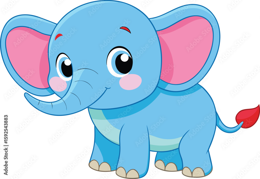 Naklejka premium Cute baby elephant cartoon character in blue with pink ears and cheeks
