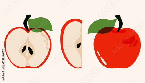Whole and sliced apples. Cartoon ripe red fruits with green leaves and cut pieces, healthy organic food nutrition dessert with seeds and red peel. Vector isolated set