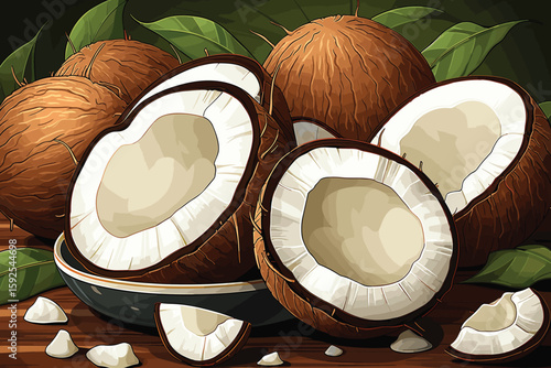 Coconuts watercolor sketch. Fresh Cocos nuts and leaves colorful watercolor paint isolated on white background, coconut ingredients painted drawing, coco color vector illustration