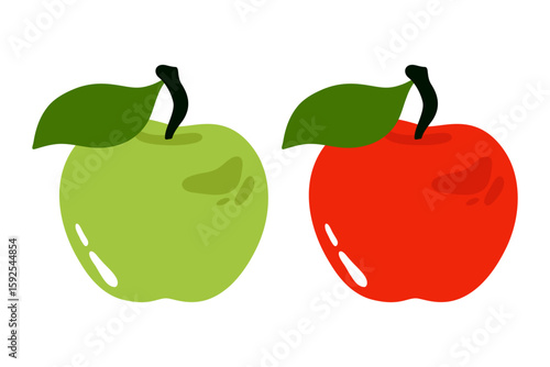 Red and green apples. Fresh fruit with leaves and seeds, sweet ripe dessert ingredient, smooth juicy apple flat cartoon style, vegetarian healthy food. Vector abstract set