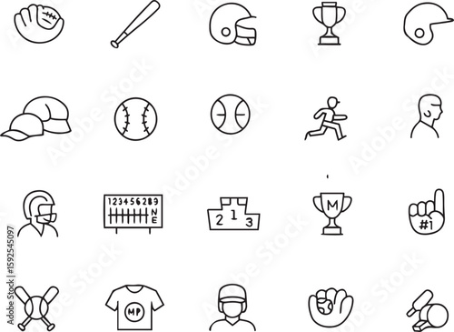 Baseball Vector Icon Set. Ball, glove, bat, helmet, cleats, field, cap, scoreboard, pitcher, catcher, team, stadium icons