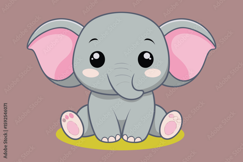 Naklejka premium Cute Cartoon Elephant Sitting Down with Big Eyes and Pink Ears