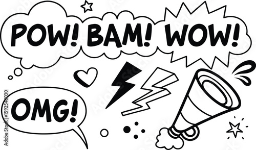 Comic speech bubbles, sound effects, megaphone, black and white illustration, pop art style, graphic elements