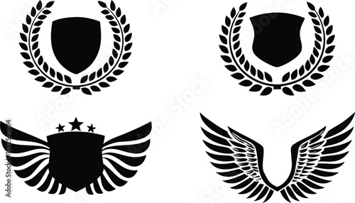 Black vector set of laurel wreaths with eagle and shield heraldic emblems for tattoo design or vintage decoration