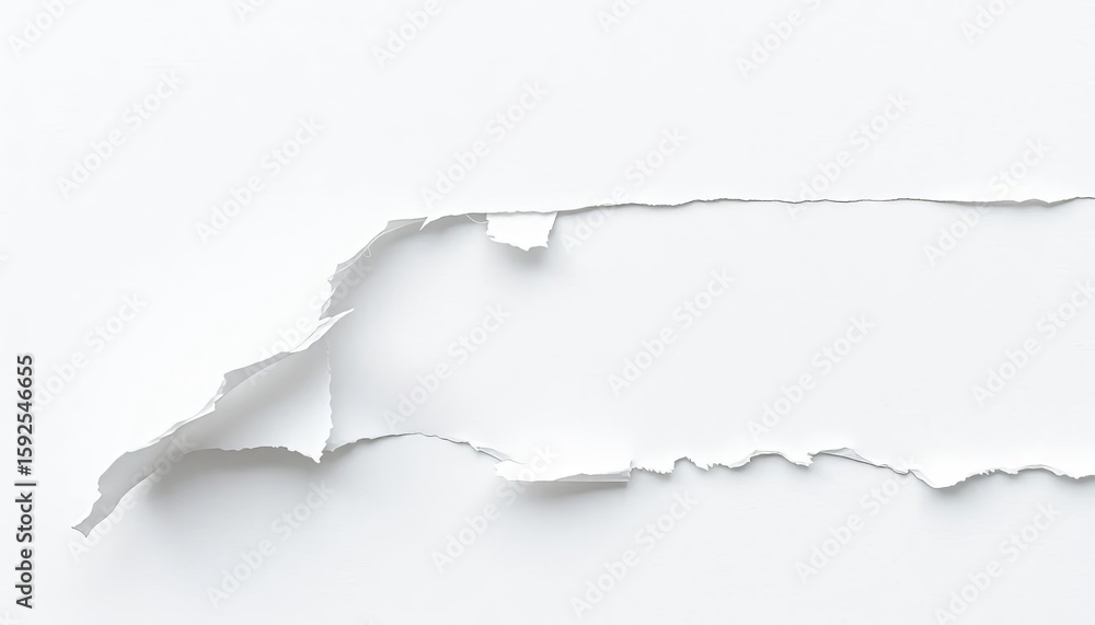 Obraz premium Torn edge of white paper strip, revealing frayed fibers, tear, fragile