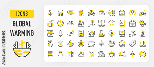 Global warming icons. Sea Level, Forbidden, Second Hand, Leaf, Electric Charge, Tupperware, Deforestation, Green Energy, Earth Hour, Mining Cart, Reuse vector stroke illustration.	
