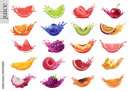 Various fruit illustrations with juice splashes in vibrant colors and realistic design