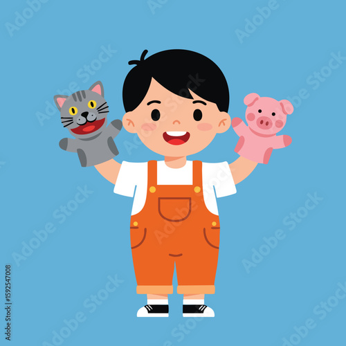 Child playing with gray cat and pink pig hand puppets in orange overalls vector illustration 