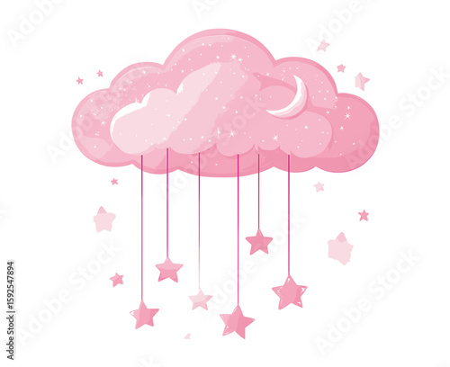 Cute Pink Cloud with Hanging Stars Nursery Wall Art
