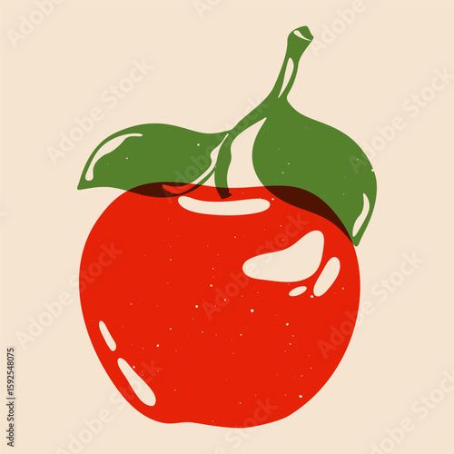 Apple fruit. Cartoon red organic garden fruit with riso print effect, cute apple with leaves and branch for retro poster, fabric, wallpaper design. Vector apple illustration