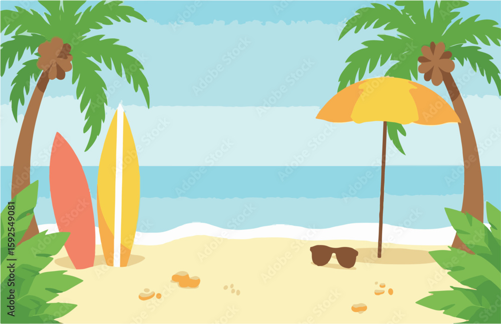 Fototapeta premium Flat Vector Illustration of a Tropical Summer Beach Scene with Palm Trees and Surfboards