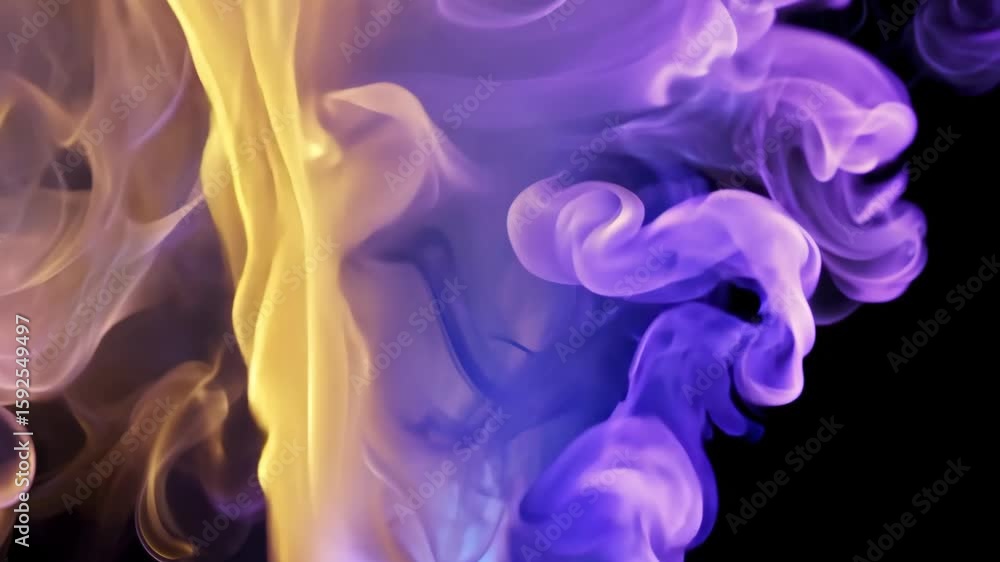 Swirling clouds of purple and yellow smoke blend fluidly on soft gradient background, creating smooth motion and depth. Concept of emotion and color dynamics Swirling clouds of purple and yellow smoke blend fluidly on soft gradient background, creating smooth motion and depth. Concept of emotion and color dynamics