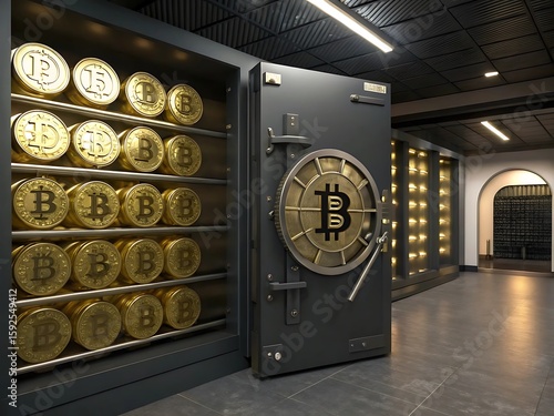 Fototapeta Naklejka Na Ścianę i Meble -  A vault filled with rows of bitcoin coins and a large vault door with a bitcoin symbol on it in a bank ai genrated