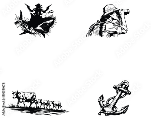 Vector art of a cowgirl on a shark, explorer with binoculars, cattle, and an anchor isolated on white background