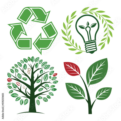 Eco friendly icons – recycle, tree, energy bulb, leaf, green vector set .