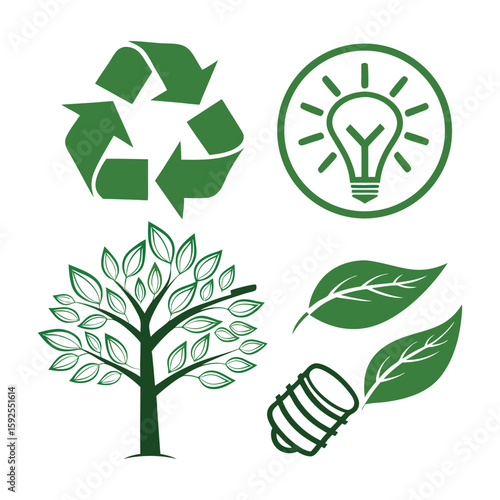 Eco friendly icons – recycle, tree, energy bulb, leaf, green vector set .