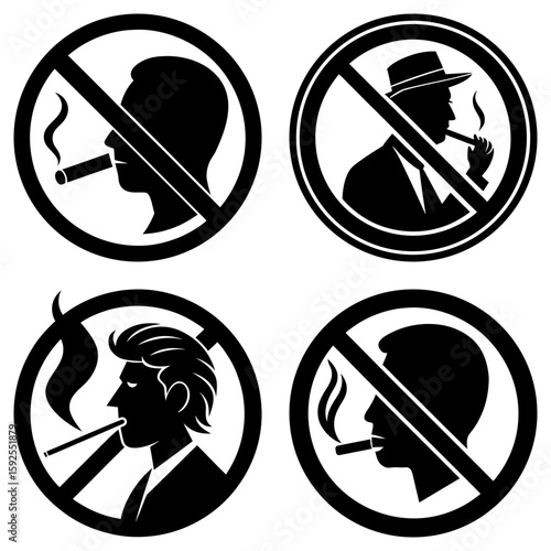 Four no smoking signs with different stylized men smoking cigars and cigarettes in black and white style