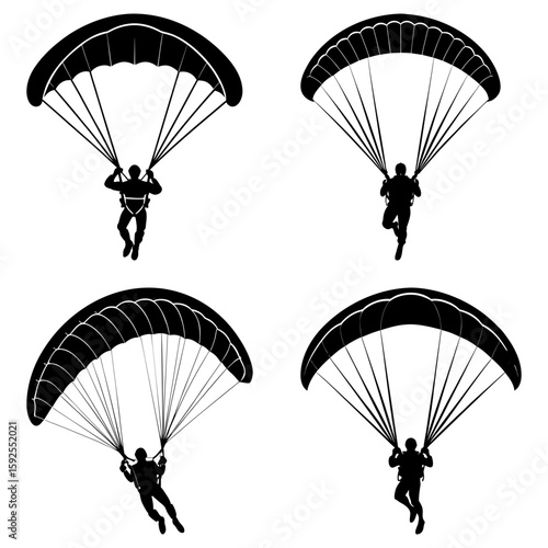 Four black silhouettes of skydivers with parachutes in various positions on a white background art
