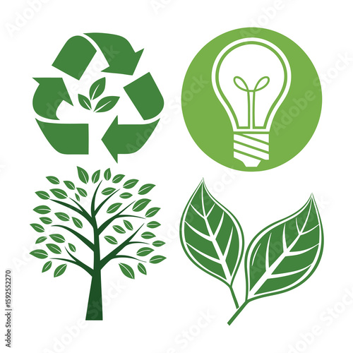 Eco friendly icons – recycle, tree, energy bulb, leaf, green vector set .