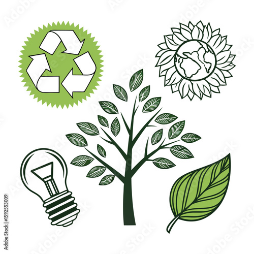 Eco friendly icons – recycle, tree, energy bulb, leaf, green vector set .