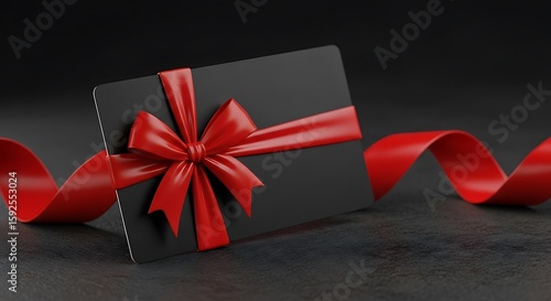 Elegant black gift card tied with a luxurious red satin ribbon bow