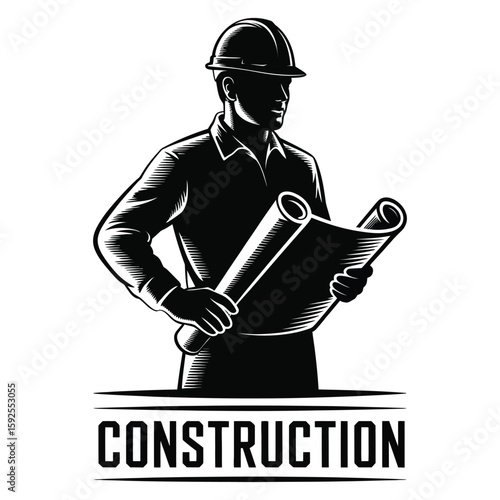 Silhouette illustration of a construction foreman holding a blueprint, black and white vector isolated on white background
