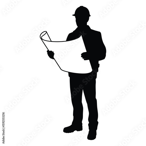 Silhouette illustration of a construction foreman holding a blueprint, black and white vector isolated on white background
