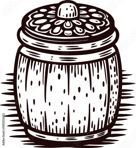 Hand drawn wooden barrel with lid, detailed vintage engraved sketch illustration isolated on white background