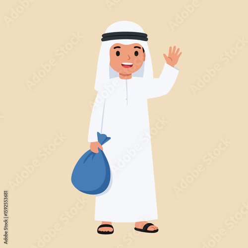 Boy in traditional Middle Eastern clothing waving hand holding blue bag vector illustration 