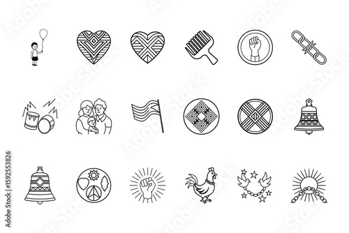 Collection line art icons representing freedom celebration juneteenth liberty