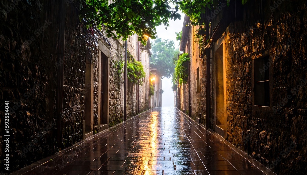 Obraz premium Narrow alleyway in a misty town