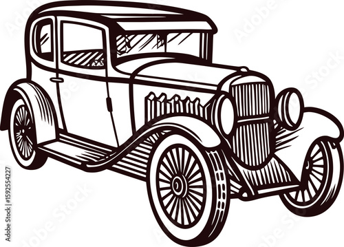 Classic vintage automobile sketch side view with detailed wheels and bodywork, retro hand drawn car illustration