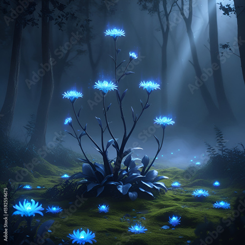 night scene with flowers and trees