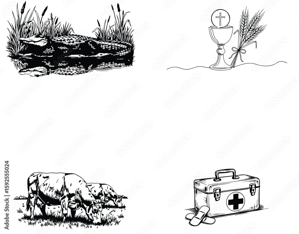 Obraz premium Vector art of an alligator, chalice, cows, and first aid kit isolated on white background