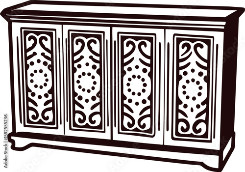 Ornate vintage wooden sideboard with decorative carved doors in black and white hand drawn illustration