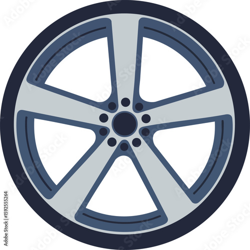 Car wheel rim illustration with modern five-spoke design in blue and gray tones for automotive vector concepts
