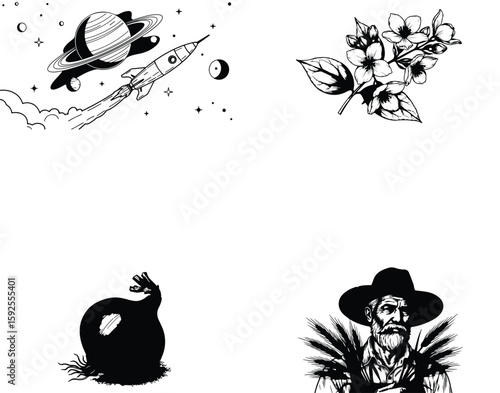 Vector art of a rocket flies past a planet, and jasmine flowers bloom