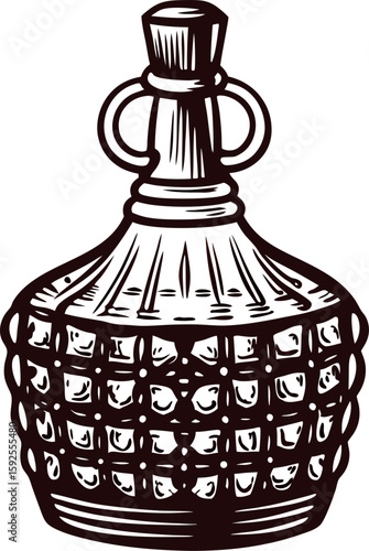 Hand drawn wicker demijohn bottle with basket weave design and handles vintage engraved illustration on white background