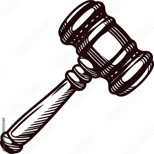 Hand drawn wooden judge gavel icon vintage law symbol sketch illustration on white background