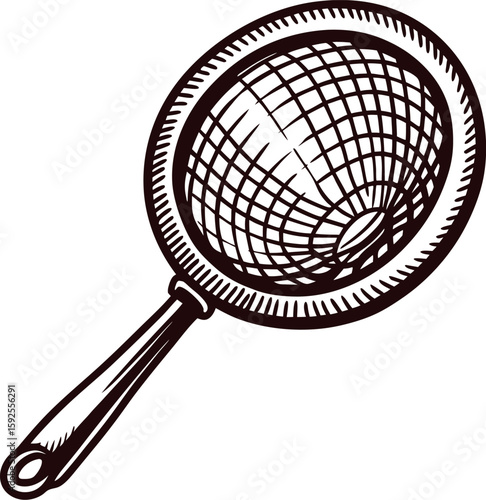 Hand drawn vintage kitchen strainer with long handle isolated on white background illustration