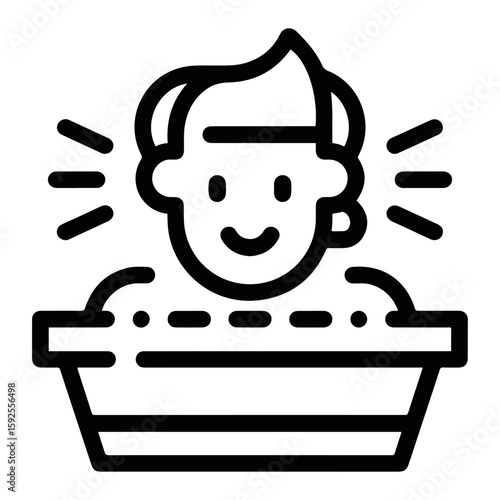 A person with a smile taking a bath in a tub with water and bubbles in a black outline style icon