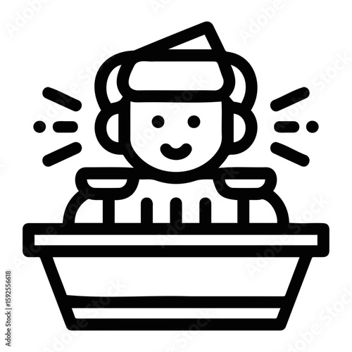 A child is depicted taking a bath with bubbles and a towel on their head in a simple line drawing